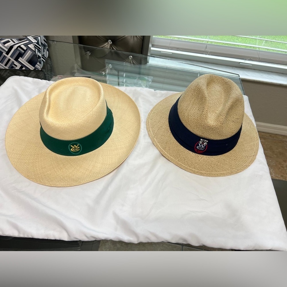Stylish Straw Hats with Green and Navy Bands